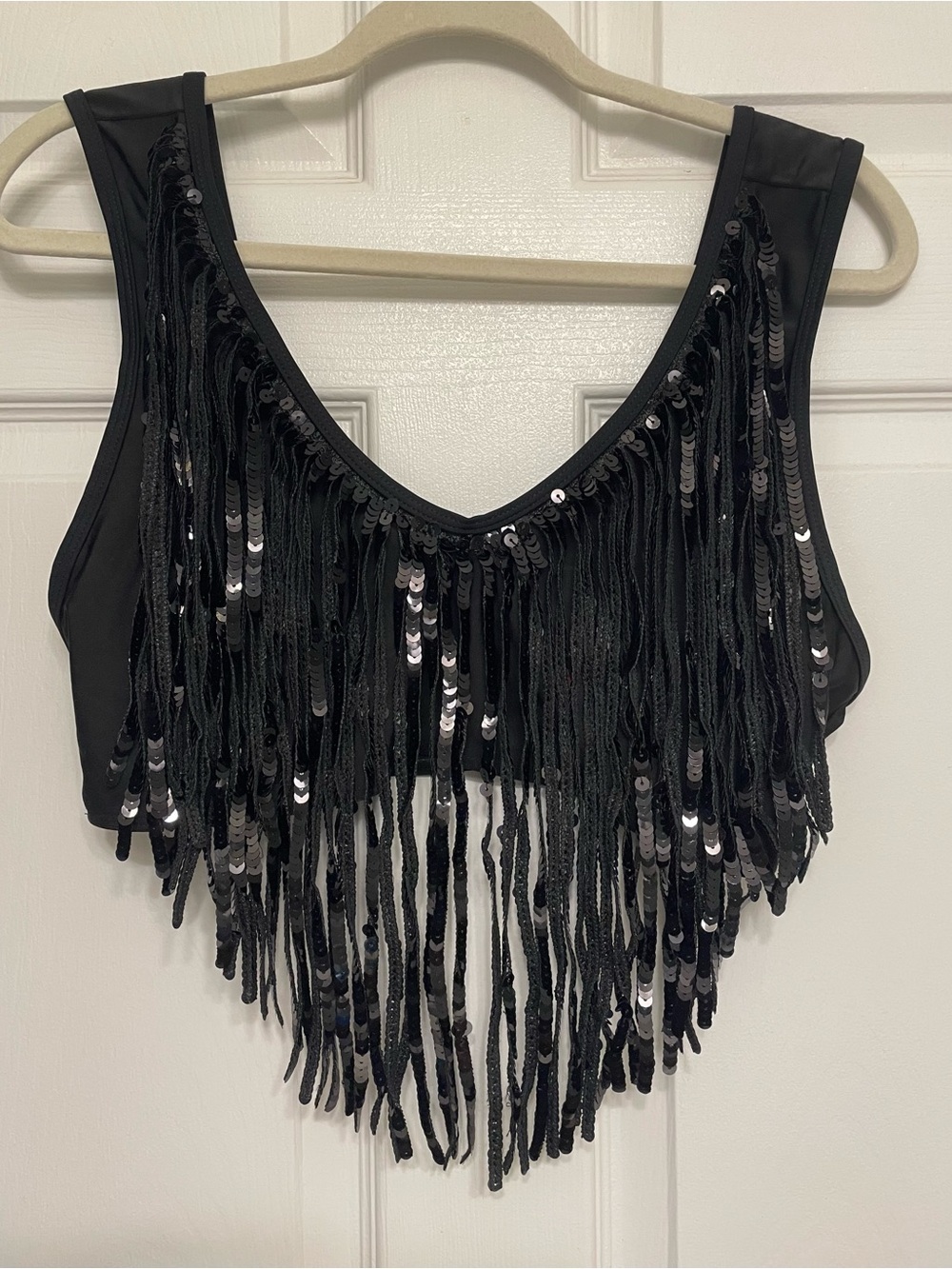 L Black Crop Top with Black Sequin Fringe